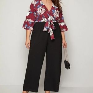 Surplice Neck, Floral Print, Wide Leg Jumper Suit